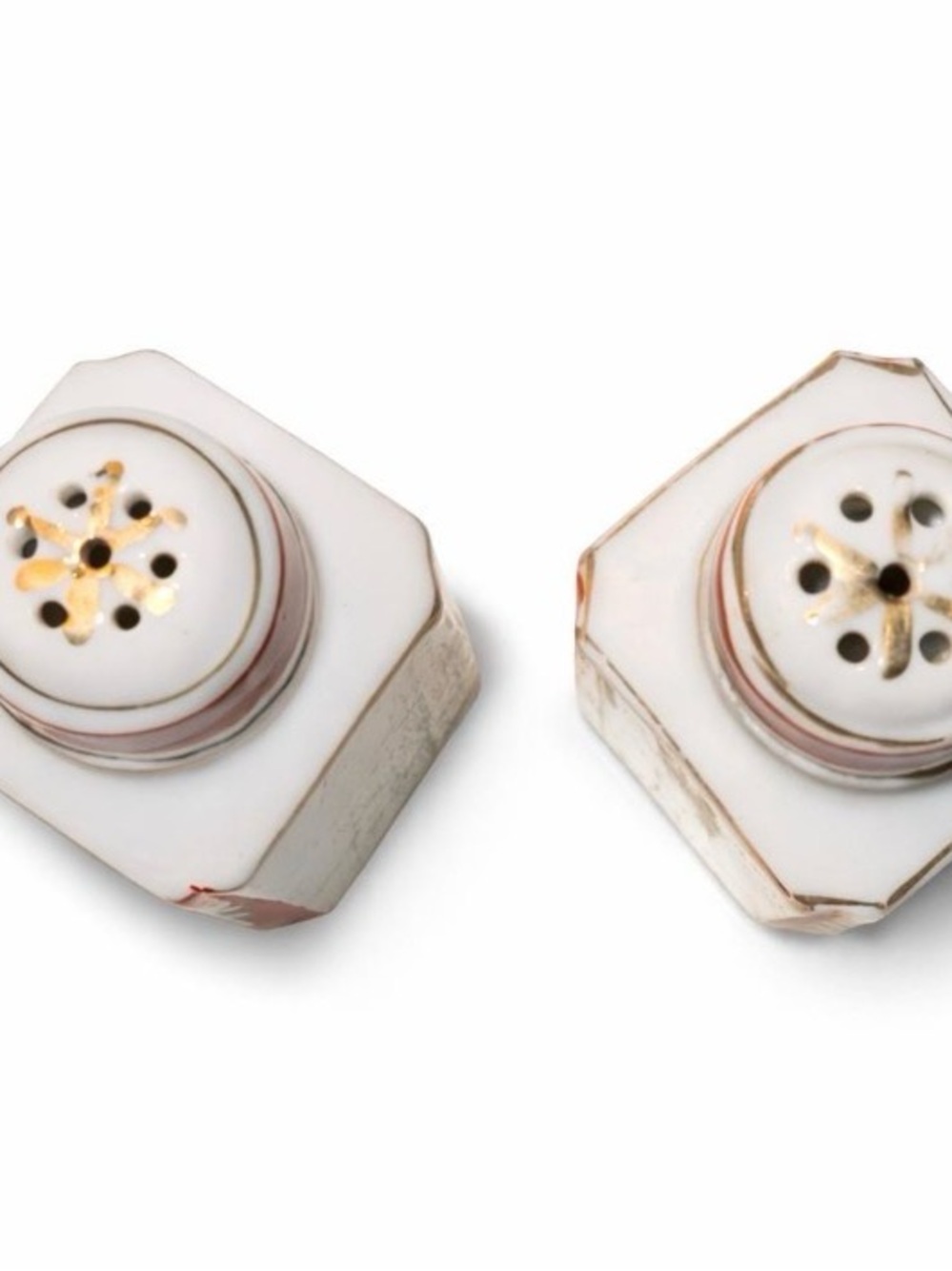 Pair of White Ceramic Decorative Salt and Pepper Shakers with Red Trim - Picture 3 of 3